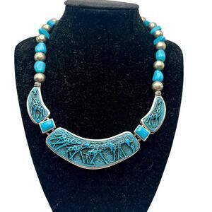 Safari Giraffe Statement Necklace Faux Turquoise Silver Chunky JS Signed Y2K
